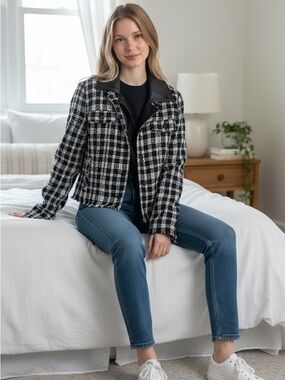 Karl Lagerfeld Paris Tweed Jacket Faux Leather Trim Black White Size M NWT